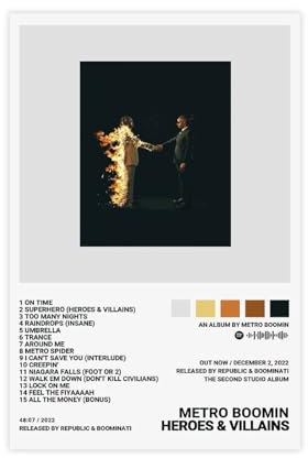 Metro Boomin Poster Heroes & Villains Album Cover Poster Leinwand Poster Schlafzimmer Dekor Sport Landschaft Büro Zimmer Dekor Geschenk ungerahmt 30 x 45 cm
