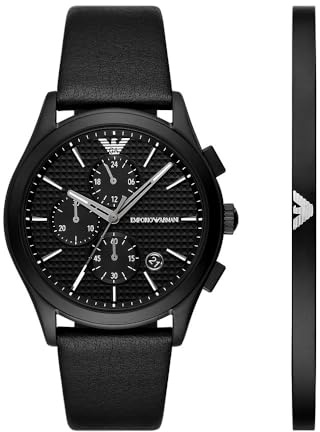 Emporio Armani Herrenset Uhr Chronograph Edelstahl schwarz Armband, AR80070SET