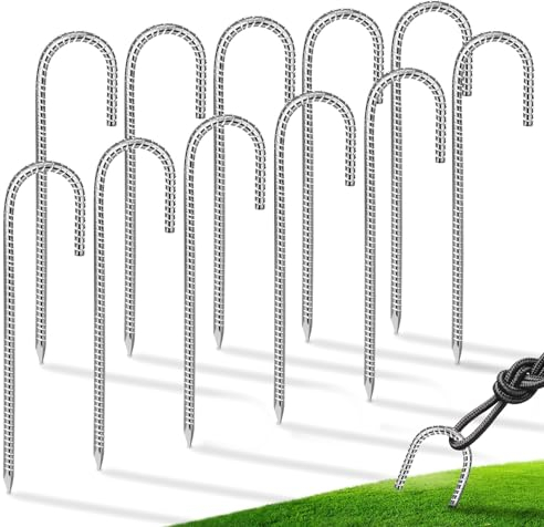EFUTURETIME 12 x Erdanker Bodenanker 30cm Verzinkt Heringe Erdnägel Stabil, Erdnagel Ø8mm Zeltheringe, J-Förmig Zeltnägel zum Schrauben für Harten Boden, Vordächern, Camping,Trampolin