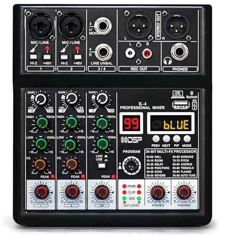 Dj Mixers, 4 Channel Audio Mixer, Sound Board with Bluetooth Player, Usb Audio Interface with 48V Phantom Power, Sounds Mixer Board with 99 DSP FX Reverb Delay Effect