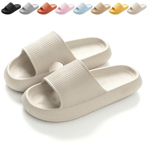 BHFRGAS Sliders Cloud Slippers Women Men，Non-Slip Mens Womens Slippers Cloud Sliders，Soft Flip Flops with Thick Sole for Shower Bathroom Pool Beach，Beige, 3.5-4 UK