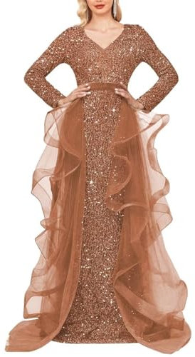 HPPEE WYX496 Robe de bal en tulle à manches longues Longueur au sol Robes de soirée pour invités de mariage Rose poudré Taille 58