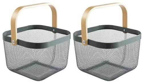 Sarmini 2er-Set Obstkorb für Küche Theke Aufbewahrungskorb Erntekorb mit Griff Gartenkorb Gemüsekorb Rechteck Metall Mesh Korb (Grau, Quadrat)