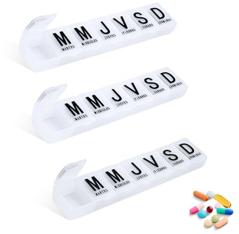 Pastillero Semanal 1 Toma | Pastillero Viaje | Pastilleros Semanales, Organizador Semanal de Medicamentos en Español, para una Toma Efectiva de las Pastillas, 3 uds.