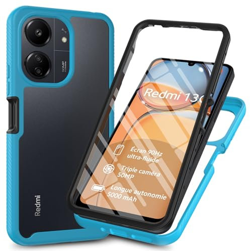 RonRun Kompatibel mit Xiaomi Redmi 13C/Poco C65 Hülle, 360° Grad vollschutz Stoßfest Handyhülle Transparent Hülle Silikon Bumper Cover mit eingebautem Displayschutz Hellblau