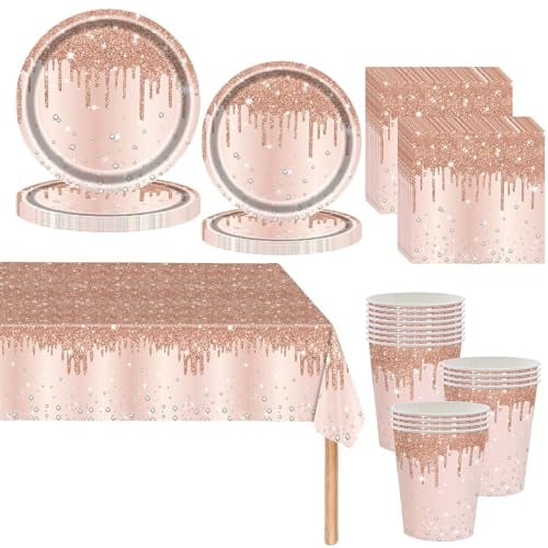 Roségold Partygeschirr Set - 81 Stück Diamant Pappteller, Pappbecher, Servietten und Tischdecke - Geburtstag Tischdekoration für Hochzeitsfeiern