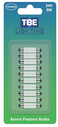 TBE LIGHTING Replacement Festoon Bulbs, PACK OF 10 Xenon lights 242 C5W Bulb for Lorry Number Plates and Interior Truck Lights. Clear glass finish, Warm White colour- 24v / 5w / Dimmable 11mm x 41mm