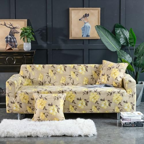 Bishilin Sofabezug Ecksofa 4 Sitzer Khaki Gelb, Überwurf Sofa Stretch 235-300CM Bedruckt mit Gelb Blumen Muster Couchbezug Eckcouch Universal
