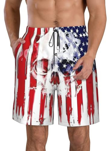 Maillot de bain homme avec tête de mort de drapeau américain à séchage rapide avec doublure et cordon de serrage élastique à la taille pour le plaisir de l'été, Blanc, S