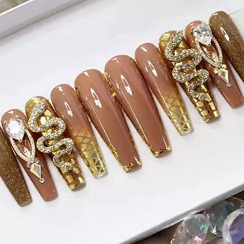 JUSTOTRY 24 Pcs 3D Fake Nails Long with Snake, Diamante Press on Nails Patterns,Gold Medium Ballerina Stick on Nail for Women, Acrylic Coffin False Nail for Nail Art