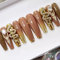JUSTOTRY 24 Pcs 3D Fake Nails Long with Snake, Diamante Press on Nails Patterns,Gold Medium Ballerina Stick on Nail for Women, Acrylic Coffin False Nail for Nail Art