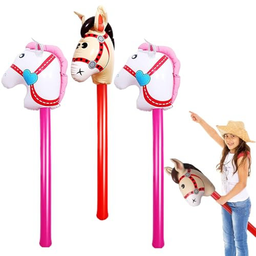 UILYNIU 3er-Pack aufblasbares Stabpferd 37 Zoll, aufblasbarer Pony-Stab für Kinder, für Weihnachten, Pferde-Motto-Geburtstagsfeier, Dekoration, Party-Geschenk-Requisiten (rot,Rosa)