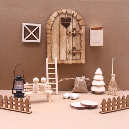 TCXWHSSM Kit Porta Elfo Natale, Porta Elfo Natale Accessori, Miniatura Decorazione Natalizia Porta, Porta Elfo Natalizio Legno con Porta delle Fate, Cassetta delle Lettere, Scala