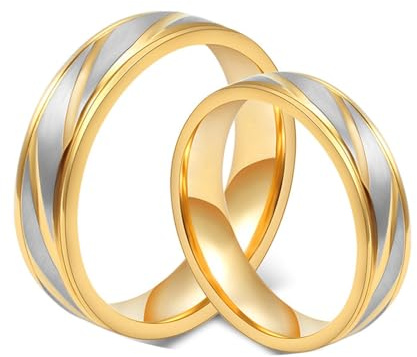 Calefee Trauringe Edelstahl Paarpreis, Ringe Partnerringe mit Gravur Goldring mit Gebürstetem Silber, Damen Größe 57 und Herren Größe 70