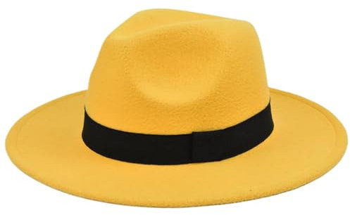 Fedora Hüte für Männer Frauen, breiter Krempe Fedora klassisches Breitkrempe gelb Fedora Hut mit Gürteldekor Sonnenschutz Durchschnittsgröße Einfach passende Fedora für tägliche Verschleiß, Outdoor,