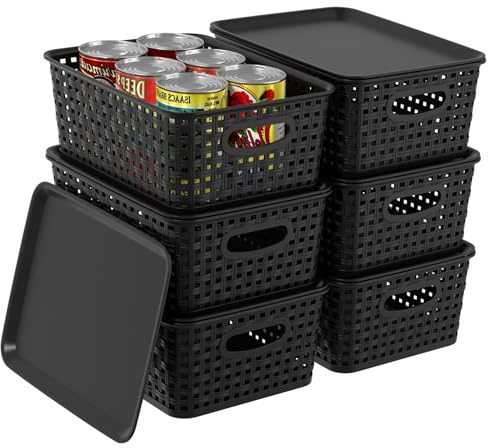Wakikini Woven Plastic Storage Baskets with Lids, Small Weave Bins, Black | Stackable Storage Boxes for Shelf, Kitchen, Bathroom, Cupboard, Pantry, 6 Packs