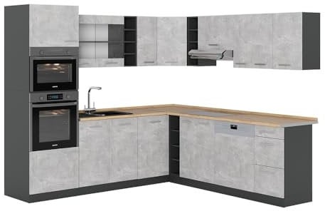 Vicco Eckküche R-Line, Küchenzeile in L-Form, Beton/Anthrazit, 237 x 247 cm, AP Eiche