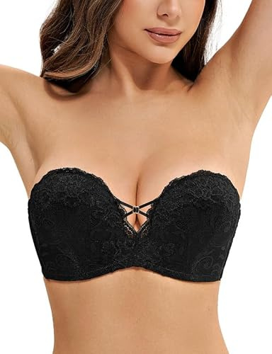 Deyllo Damen Push Up Trägerloser BH Große Größen mit Unsichtbare Eingebaute Bügel, Spitzen Schalen BH Ohne Träger mit Anti-Rutsch Band für Rückenfreies Kleid Schwarz 75B