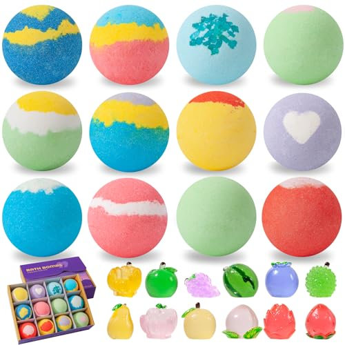 Badekugeln Badebomben, 12 Stück Badebomben für Kinder, mit Überraschungsspielzeug im Innere, Bio-Badekugeln mit Reiche Blasen, Geschenke für Jungen und Mädchen 4–15 Jahren
