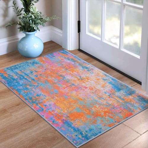 Entrance Rugs Indoor 2x3 Colorful Entry Rug Washable Abstract Rainbow Small Area Rug Non-Slip Low Pile Throw Rugs for Entryway, Kitchen Floor, Front Door Indoor Door Mat, Bathroom, Bedroom Bedside