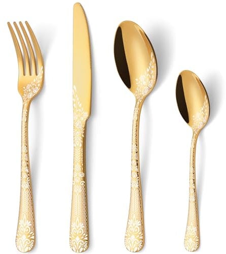 HONKKU 16 Pieces Cutlery Set Gold for 4 People, Stainless Steel Knife and Fork Set with Laser Flower Pattern, Mirror Polished Silverware Set Ideal for Home Party Restaurant, Dishwasher Safe