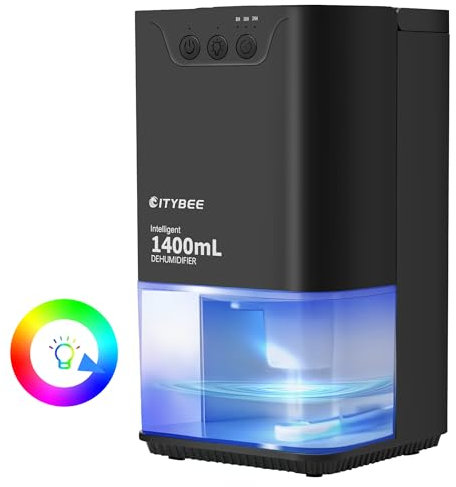 CITYBEE Luftentfeuchter Elektrisch 1400ml Entfeuchter - Leiser Dehumidifier für Wohnung Schlafzimmer & Keller - Raumentfeuchter mit Timer & Stimmungsbeleuchtung (Schwarz)
