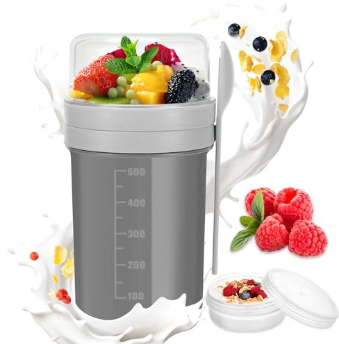 Tazza Yogurt to Go, Overnight Oats Jars, 250ml+550ml Tazze di Farina D'avena per la Notte, Barattoli Vetro con Coperchio e Cucchiai, per Yogurt, Cornflakes e Muesli Insalate Latte Cereali (Grigio)