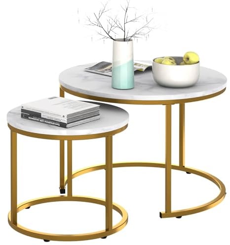 Garden 4 you Round Nesting Coffee Table Set of 2 for Living Room,Marble Center Tea Nest of Table with Metal Frame,End Side table for Small Space/Living Room/Bedroom, White Gold, 60 x 60 x 50.5cm