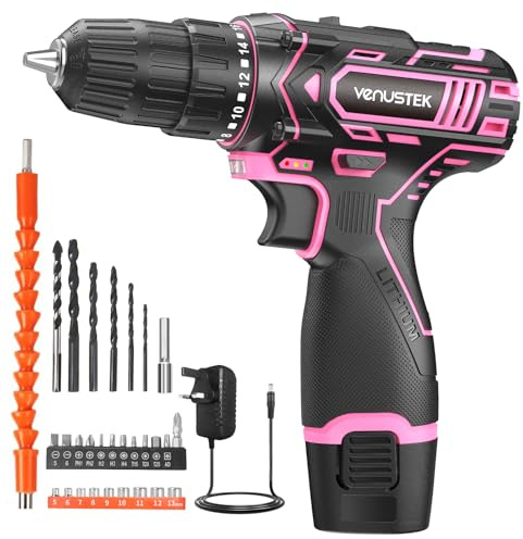 VENUSTEK Cordless Drill Set, 12V Power Drill with 2.0Ah Battery and 2-Speed, 30Nm Torque, 25+1 Clutch Settings, 3/8 Keyless Chuck, Combi Electric Drill for Home DIY, Wood, Metal, Plastic Drilling