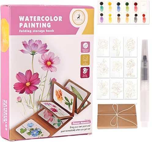 Glvomazty Aquarell Malbuch, 12 Farbe Pocket Aquarell Set, 9 Seiten Malbücher für Erwachsene - Ideal für Zuhause, Reisen & Anfänger Aquarellmalerei - Blume