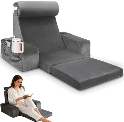 Lesekissen für Bett und Sofa,Rückenkissen Bett mit Abnehmbarer Nackenrolle,Armlehnen und Taschen,Groß Erwachsenen Rückenkissen für Lesesitzkissen zum Lesen,Entspannen,Fernsehen,Maschinenwaschbar