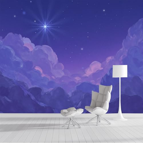 Papier Peint Soie Étoiles Nuages Ciel Nocturne Papier Peint Panoramique Enfant 3D Effet Salon Chambre Bureau Scène Nocturne Onirique Peinte À L'Huile Murale Décor Mural Moderne 400x280cm, Violet