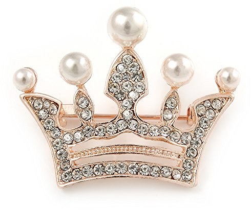 Avalaya Broche en forme de couronne - Perles en verre blanches et métal or rose - 40 mm de long