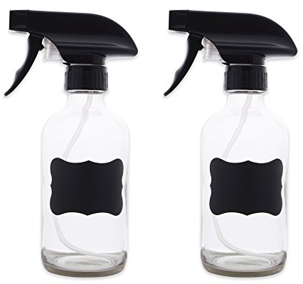 E-Living Set of 2 Clear Glass Spray Bottles for 8oz of Liquids with Chalkboard Labels for Cleaners, Essential Oils, Beauty Products, Aromatherapy