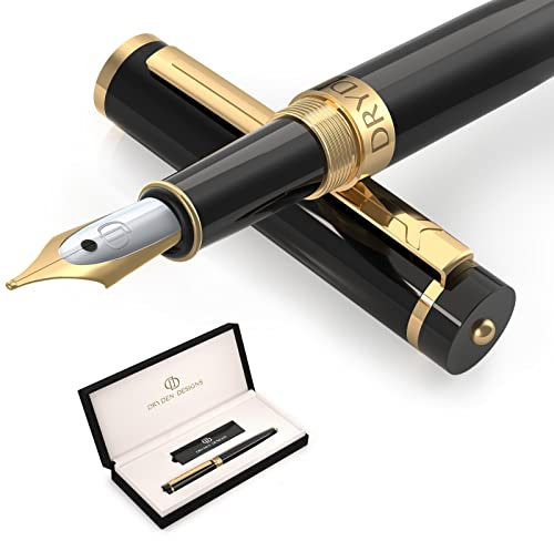 Dryden Designs Fountain Pen - Medium Nib Premium Box | 6 Ink Cartridges Included | Intense Black