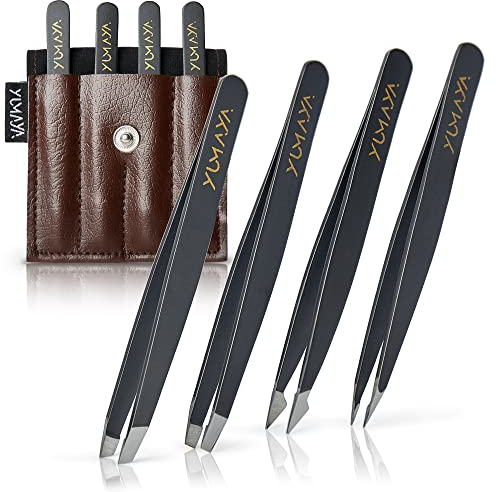 YUMAYA® Pinzetten Set Augenbrauen zupfen 4-teilig mit Etui inkl. eBook | Profi Pinzette Edelstahl mit verbesserten Spitzen schräg gerade spitz | Tweezers Eyebrow Kit | Augenbrauenpinzette Profi