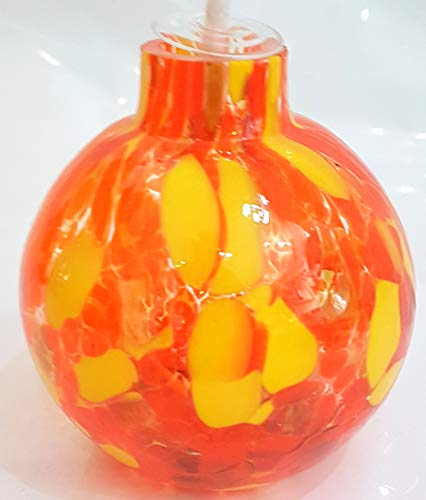 Oberstdorfer Glashütte Runde Öllampe Lange Brenndauer gelb orange Oellampe Glas Petroleumlampe Kristallglas mundgeblasen Tischlampe Durchmesser ca. 9 cm