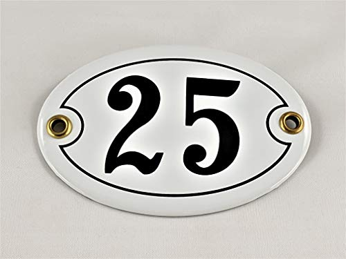 Emaille Hausnummer Schild Nr. 25, oval, Weiß-Schwarz Handarbeit