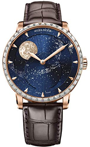 Agelocer Herren-Armbanduhr mit echten Diamanten, blau, automatische Mondphase, mechanische Uhr (VP:6404F2), Vp: 6404f2, Armband