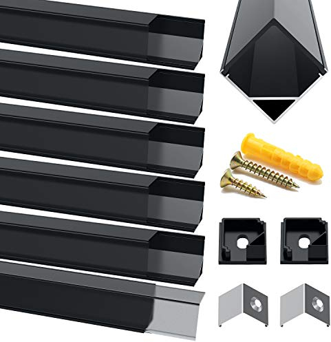 Chesbung LED Aluminium Profil Schwarz for LED Streifen, 6X1m Leisten Profil V Form Kanal Eckprofil Diffusor Leiste Alu Profile mit Endkappen, Metall Befestigungs Clips und Montagematerial