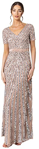 Maya Deluxe Women's Maxi Womens Ladies Embellished Sequin Long Short Sleeve V Neck High Empire Waist Cut Shiny P Bridesmaid Dress, Taupe Blush, 14 UK
