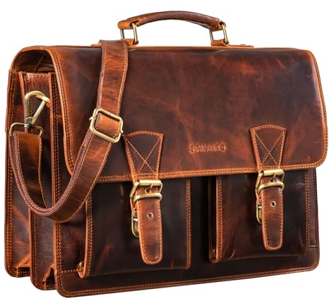 STILORD 'Jeffrey' Lehrertasche Aktentasche Leder Große Vintage Ledertasche zum Umhängen 15.6 Zoll Laptop Tasche für Schule Uni Business Trolley Aufsteckbar, Farbe:kara - cognac