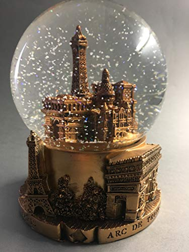 Schneekugel Eiffelturm und Sehenswürdigkeiten von Paris – Farbe Kupfer glänzend – groß 14 cm – Sockel aus hochwertigem Harz und Globus aus Glas – 3D-gravierte Parisdenkmäler – glitzernder Schnee