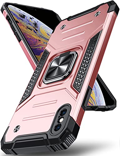 DASFOND Armor Hülle für iPhone X/10 iPhone XS Case mit Kameraschutz Militär Stoßfest Handyhülle [Upgrade 2.0] 360 Grad Metal Ring Halter Ständer Schutzhülle [für Handyhalterung Auto Magnet], Rosa
