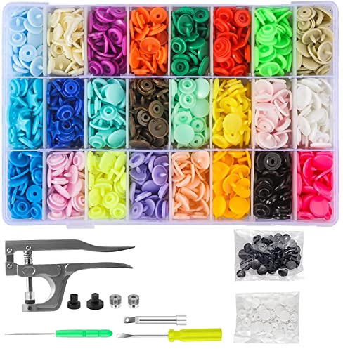 460 Sets Snap Fasteners Kit, MSDADA 24 Colors Poppers Fasteners, 4 Shapes Plastic Snap Buttons, T5 Press Studs Snap Fasteners No Sewing with Kam Snap Pliers for Clothing, Bibs, Diapers, DIY Crafts