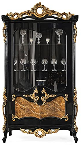 Casa Padrino Luxus Barock Vitrine Schwarz/Braun/Gold 156 x 50 x H. 220 cm - Prunkvoller Massivholz Vitrinenschrank mit 2 Glastüren - Barock Möbel