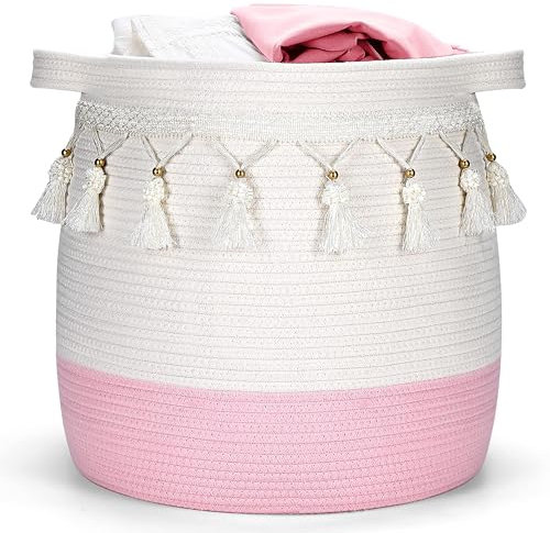 childishness ndup Grand panier en corde de coton, panier de rangement tissé pour jouets, linge et couvertures, panier rond avec poignées pour chambre d'enfant 45 x 42,9 cm (pompon rose)
