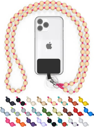 drop letsy Chaîne universelle en perles de bois pour téléphones portables, chaîne - compatible avec tous les smartphones: iPhone 15, 14, 13, 12, 11, X, Samsung Galaxy (sans étui, PinkBeach)