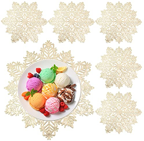 Set di 6 tovagliette natalizie in PVC con fiocchi di neve per Natale, compleanni, matrimoni, banchetti, lavabili, fiocchi di neve cavi, colore: oro)