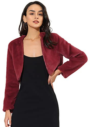 Allegra K Veste courte Femme en fausse fourrure Boléro en peluche à devant ouvert sans col à manches longues manteau court hiver Bordeaux M